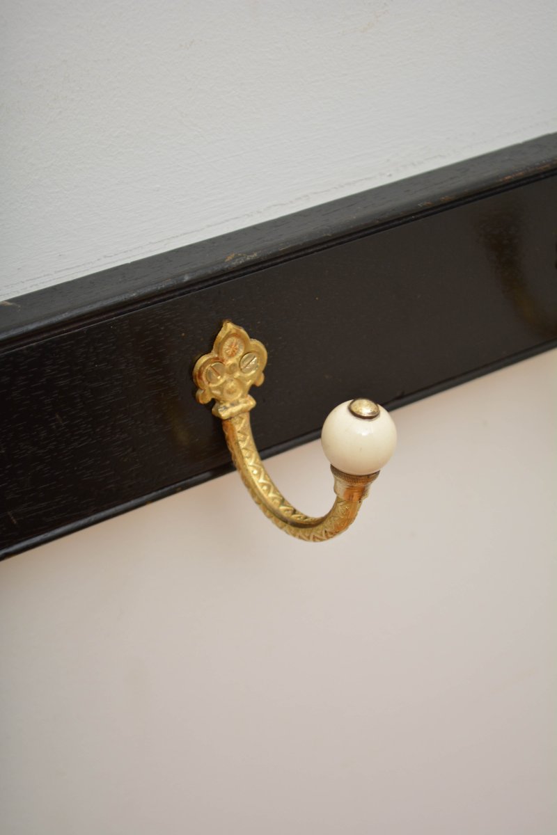 Pair Of Antique Victorian Ebonised Brass And Ceramic Coat Rack Coat Hooks - Image 7